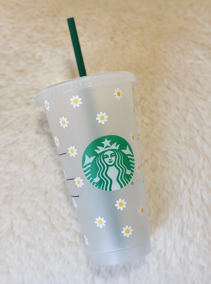 Coral and Peach Retro Daisy Starbucks Cup Personalized Starbucks